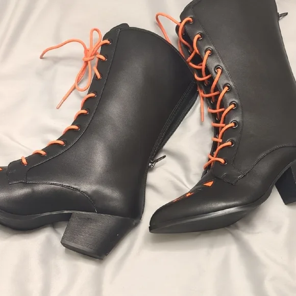 Halloween Black and Orange Scary Jack O' Lantern Lace-Up Boots - Picture 5 of 10